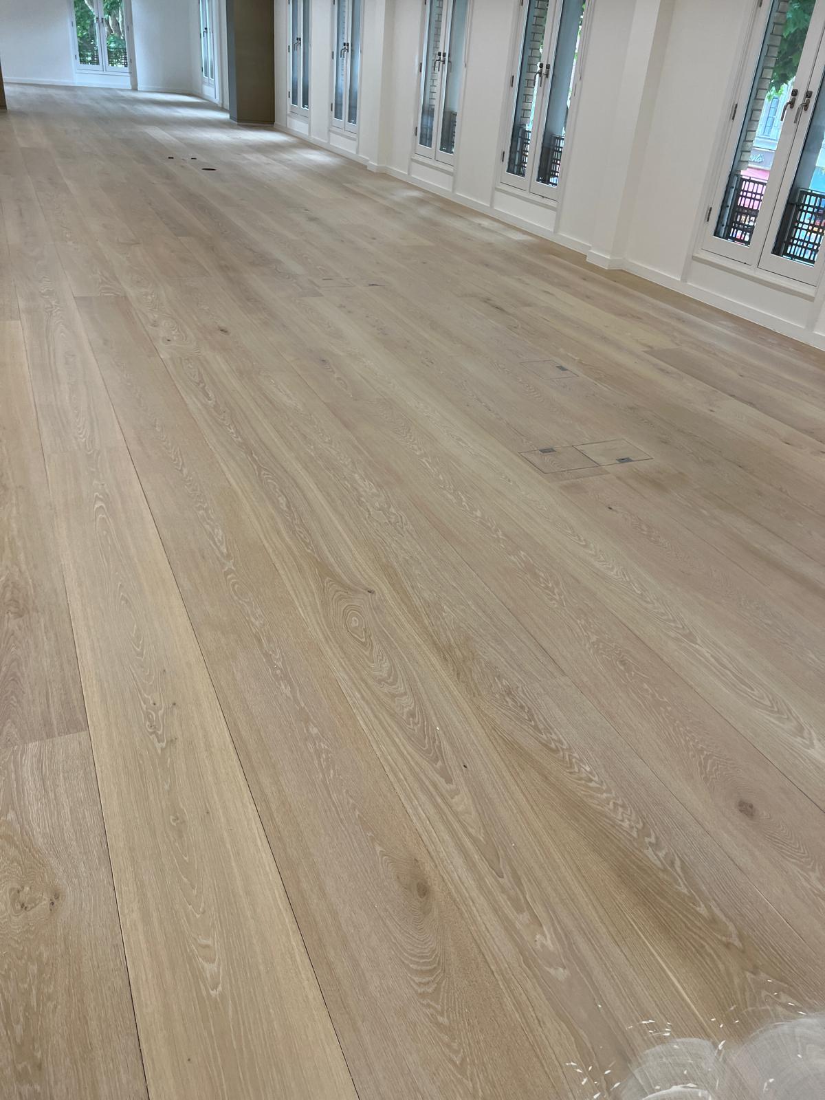 Large open-plan interior featuring pale wide-plank timber flooring extending alongside a continuous row of tall glazed windows.