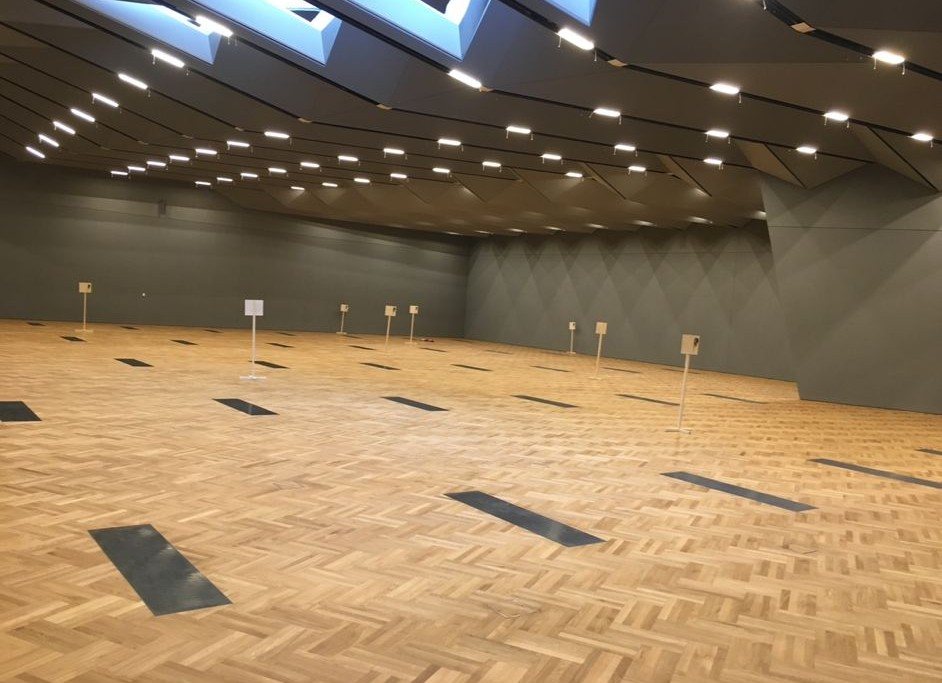 Extensive patterned timber parquet flooring with contrasting dark rectangular inserts in a large modern hall with geometric ceiling lighting.