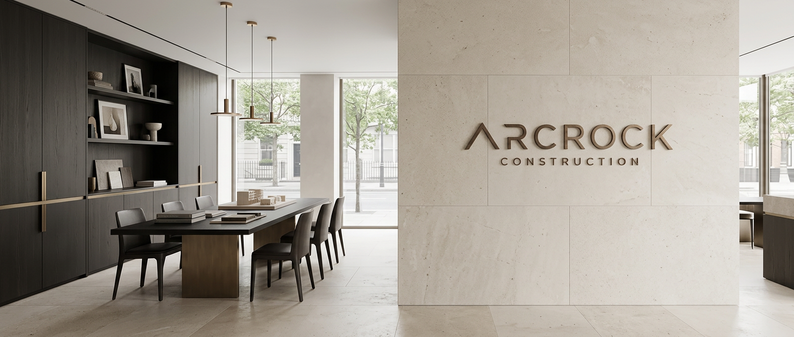 Concept visualisation of an imagined designer meeting area with ArcRock branding, stone, wood and bronze details; not an actual ArcRock office