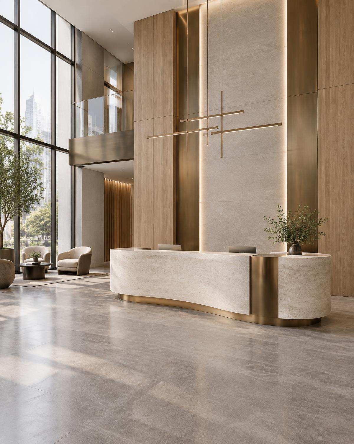Generated office reception concept with a sculptural stone desk, bronze detailing, oak wall panels and daylight windows; not an executed project or verified Holborn location